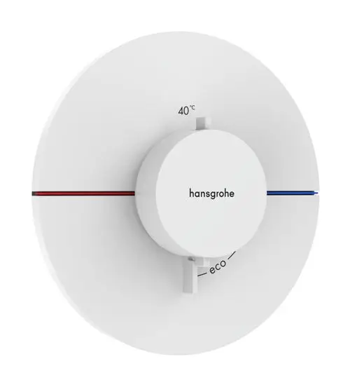 Thermostat von Hansgrohe in mattem Weiß mit Drehknopf zur Temperatureinstellung und Eco-Funktion, eingebaut in eine flache Wandoberfläche.